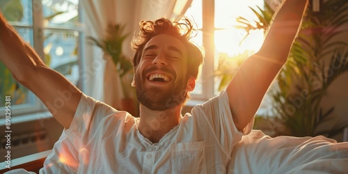 Man Waking up in the Morning, Sun Shines From the Apartment Window in Bedroom, ai generated