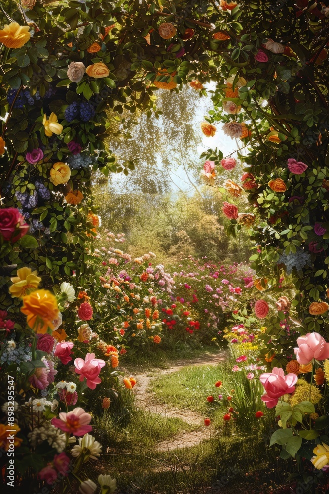 Flower Garden Archway. A frame made of blooming flowers intertwined with leafy vines. The center opens to a bright, sunlit meadow, with a path leading through the flowers, Flower Garden Archway. A frame made of blooming flowers intertwined with leafy vines. The center opens to a bright, sunlit meadow, with a path leading through the flowers,