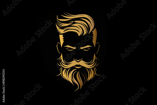 Serious man with a long, thick beard in golden silhouette against a black background, logo