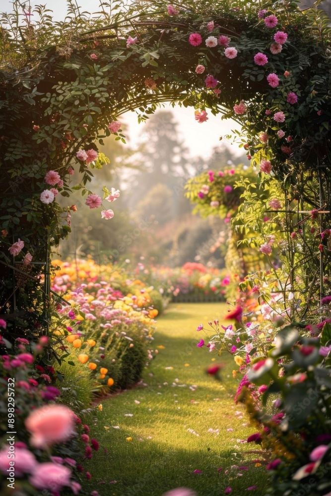 Obraz premium Flower Garden Archway. A frame made of blooming flowers intertwined with leafy vines. The center opens to a bright, sunlit meadow, with a path leading through the flowers,