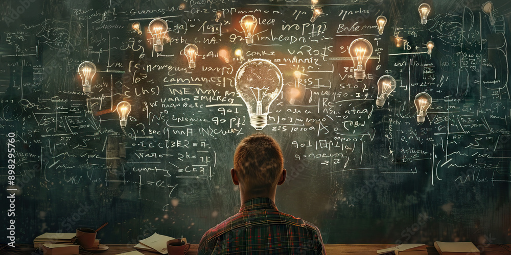 Eureka Moment: A chalkboard covered in equations and notes, a crown of light bulbs above it. Eureka Moment: A chalkboard covered in equations and notes, a crown of light bulbs above it.
