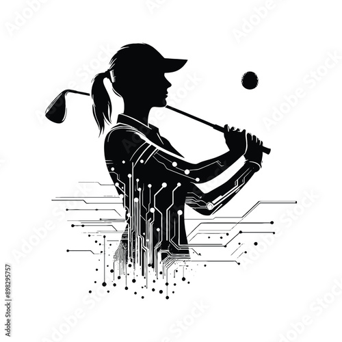 Golf  female player in cyberpunk pattern illustration, emblem shield badge