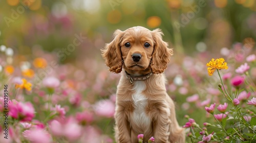 Two Puppies in Field of Flowers