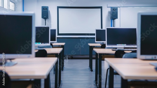 A clean, modern setup of classroom technology, with a minimalist design