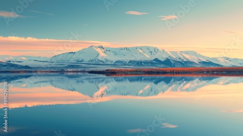  A mountain range mirrors in the tranquil water of a lake as the sun sets behind distant peaks