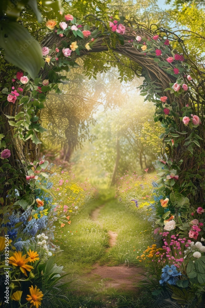 Fototapeta premium Flower Garden Archway. A frame made of blooming flowers intertwined with leafy vines. The center opens to a bright, sunlit meadow, with a path leading through the flowers,
