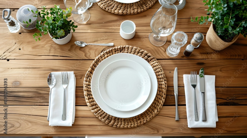 A clean, organized lunch table setup with minimalist tableware A clean, organized lunch table setup with minimalist tableware