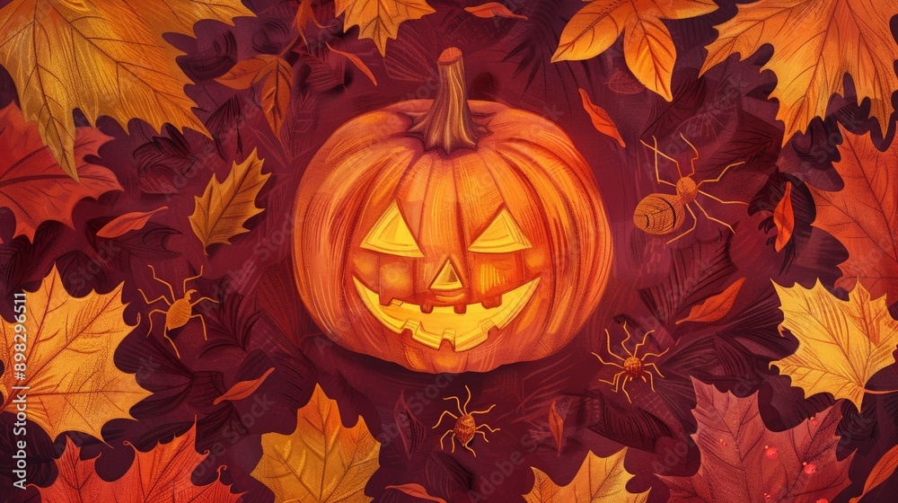 Halloween pumpkin with a carved face surrounded by autumn leaves and spiders on a dark red background Halloween pumpkin with a carved face surrounded by autumn leaves and spiders on a dark red background