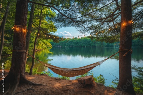 Hammock Hanging Between Two Trees by Lake