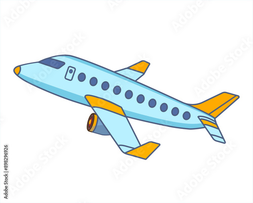 Airplane light blue color with yellow tips. Plane in cartoon design. Passenger plane flying in the sky side view. travel concept. Toy plane graphic. Flat style vector illustration.