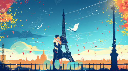 a illustration of effeil tower, happy couple hugging photo