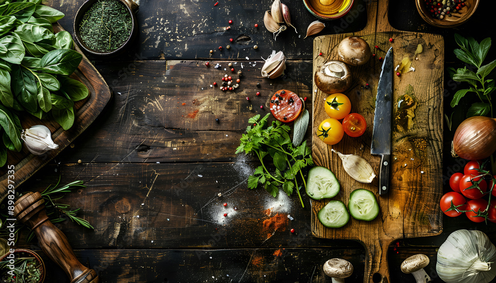 Food cooking background, ingredients for preparation vegan dishes, vegetables, roots, spices, mushrooms and herbs. Cutting board, chef knife. Healthy food concept. Rustic wooden table, top view