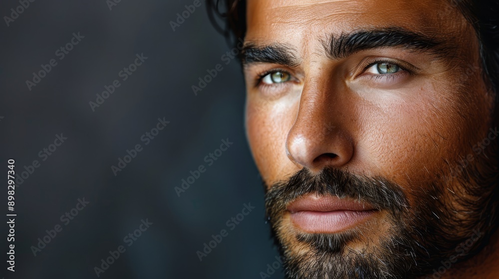 Fototapeta premium A man with a goatee closely gazes into the camera, his beard accentuating his serious expression