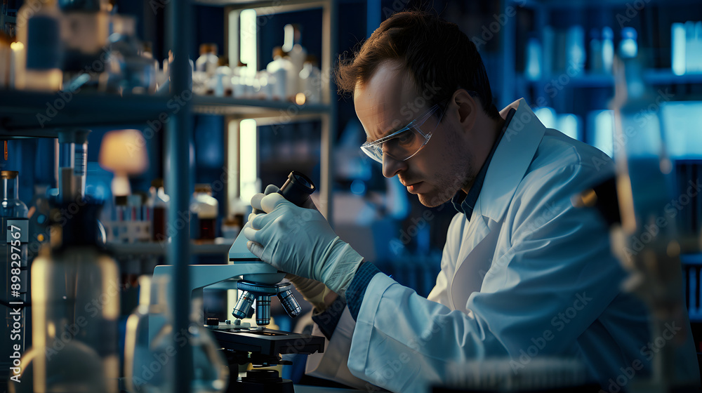 a man in a lab coat looking at a microscope a man in a lab coat looking at a microscope