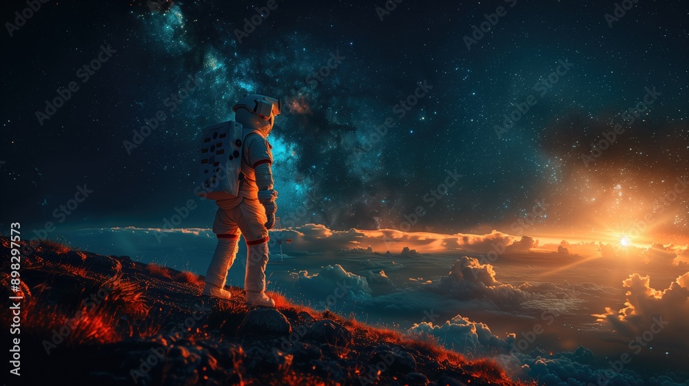 Astronaut looking ant earth from mountain Astronaut looking ant earth from mountain