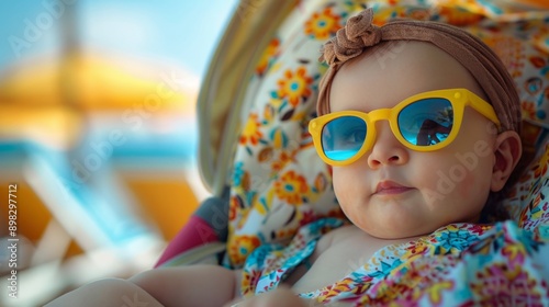 Baby Wearing Sunglasses and Hat Sitting in Chair