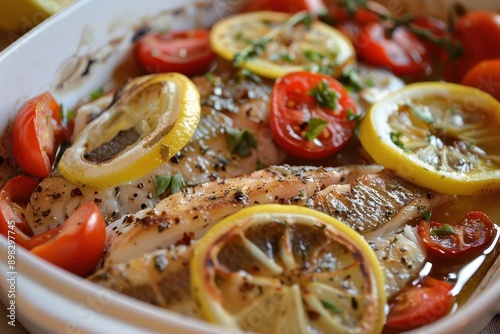 A dish of psari plaki, baked fish fillets with tomatoes, onions, and herbs, garnished with lemon slices.  photo