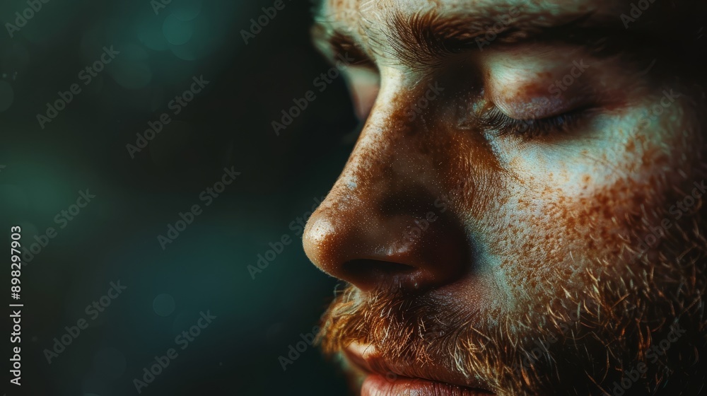 A tight shot of a man's face with closed eyes and a softly blurred background A tight shot of a man's face with closed eyes and a softly blurred background