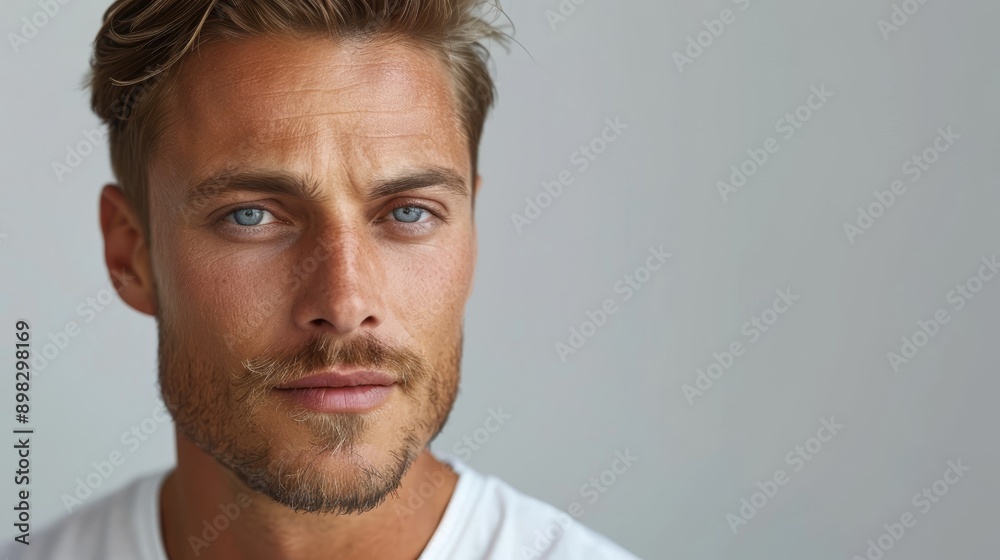 Fototapeta premium A man in a white T-shirt gazes intently into the camera