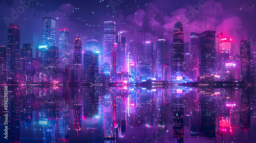 a citysca with neon lights and a reflection in the water