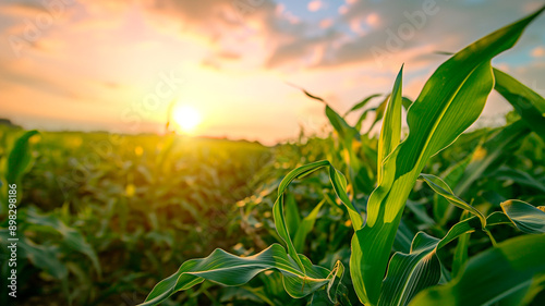 Golden hour sunlight on young corn plant in field. Agricultural landscape. Rural farming scene with sunset illuminating corn green leaf.