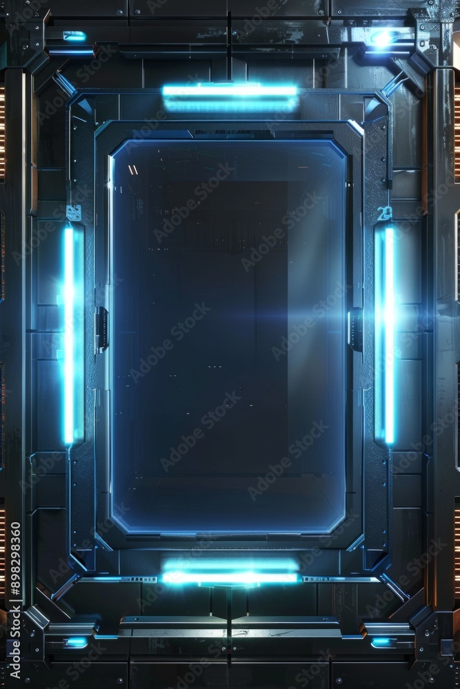 Obraz premium A frame of sleek metal and glowing LED lights, with a high-tech interface. The center is a blank, holographic screen.