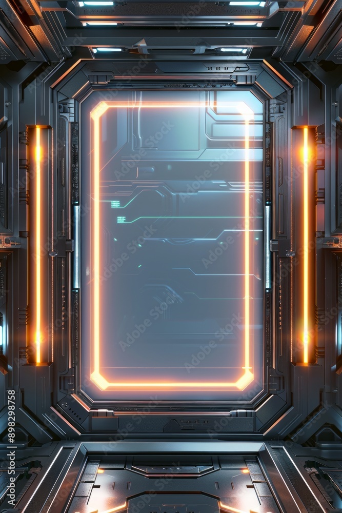 Obraz premium A frame of sleek metal and glowing LED lights, with a high-tech interface. The center is a blank, holographic screen.