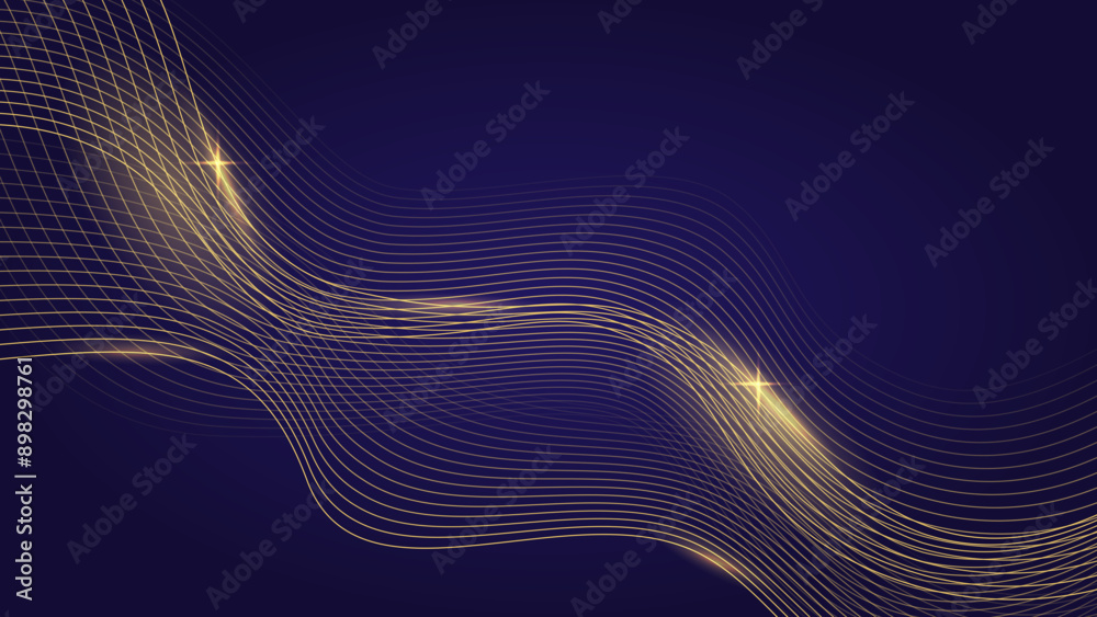 Dark navy banner with glod sparkling waves. Luxury background. Editable stroke