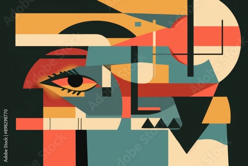 Abstract eye gazing at diverse, simple shapes, minimalist style. Clean lines emphasize 