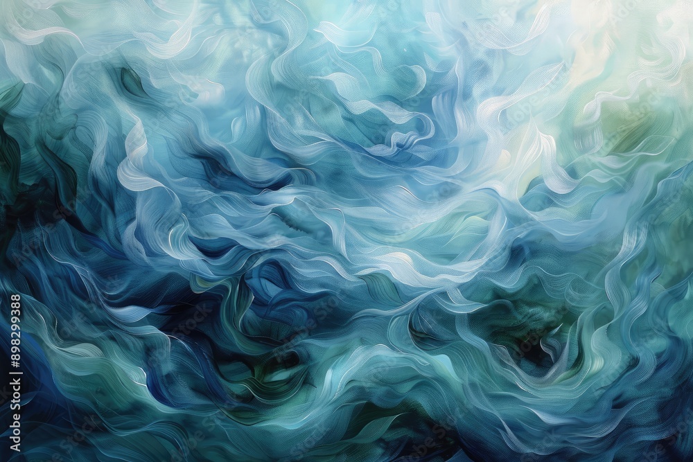 Swirling waves of muted blues and greens, Vibrant abstract artwork depicting ocean waves with blue, yellow, and green hues, AI generated Swirling waves of muted blues and greens, Vibrant abstract artwork depicting ocean waves with blue, yellow, and green hues, AI generated