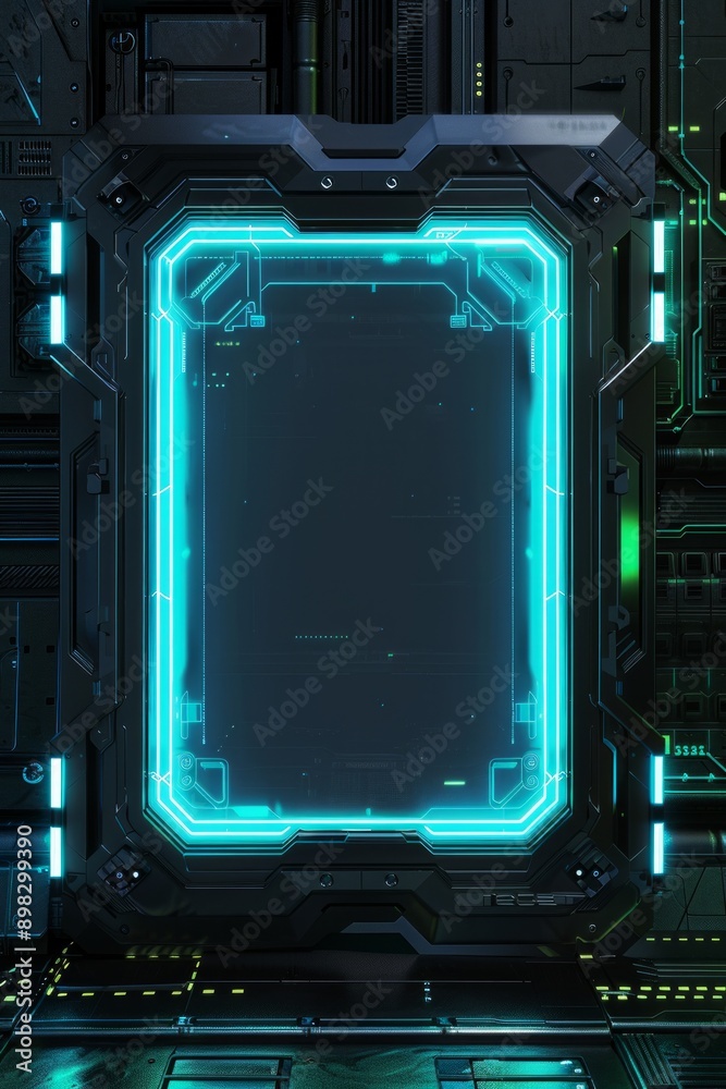 Fototapeta premium A frame of sleek metal and glowing LED lights, with a high-tech interface. The center is a blank, holographic screen.