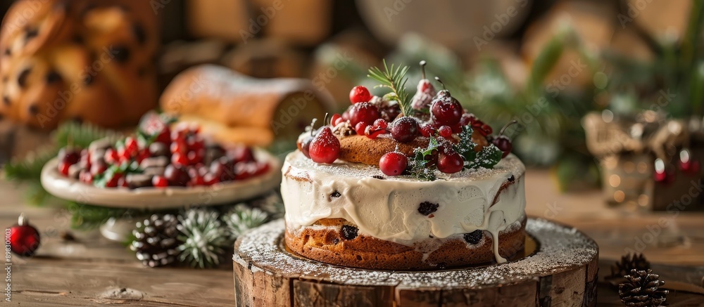 Christmas themed wooden table set with a fruit and chocolate chips cake accompanied by a homemade bread in the background offering space for additional images