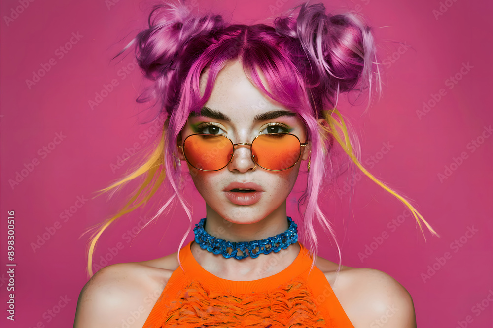 Captivating Portrait of a Young Woman with Pink Hair, Orange Outfit, and Vibrant Sunglasses 