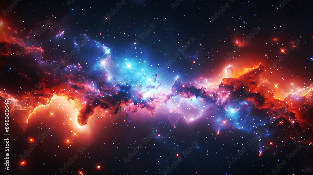 Naklejka premium Colorful Nebula & Galaxy Space Background; a dynamic and fiery nebula, with glowing golden and purple hues creating a sense of motion and turmoil amidst the stars 