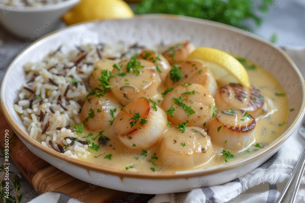 A dish of scallops in a lemon butter sauce, garnished with parsley and served with a side of wild rice. A dish of scallops in a lemon butter sauce, garnished with parsley and served with a side of wild rice.