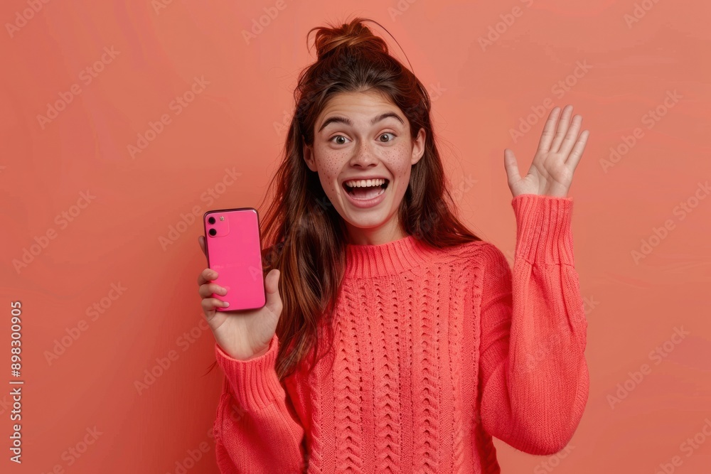 Excited woman holding smartphone Excited woman holding smartphone