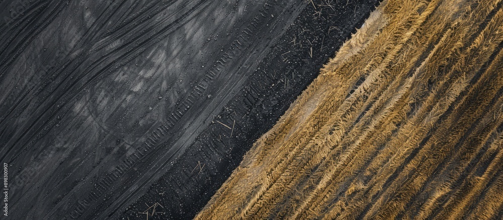 Aerial view of arable land with diagonal furrow on two color background split into gray and dark gray fields with copy space image Aerial view of arable land with diagonal furrow on two color background split into gray and dark gray fields with copy space image