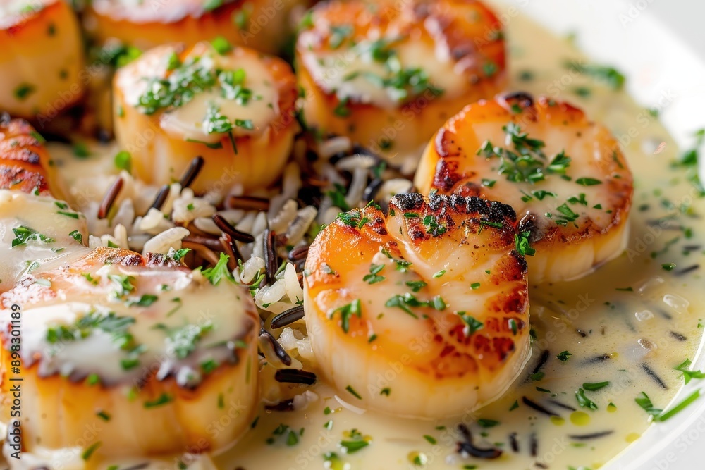 A dish of scallops in a lemon butter sauce, garnished with parsley and served with a side of wild rice. A dish of scallops in a lemon butter sauce, garnished with parsley and served with a side of wild rice.