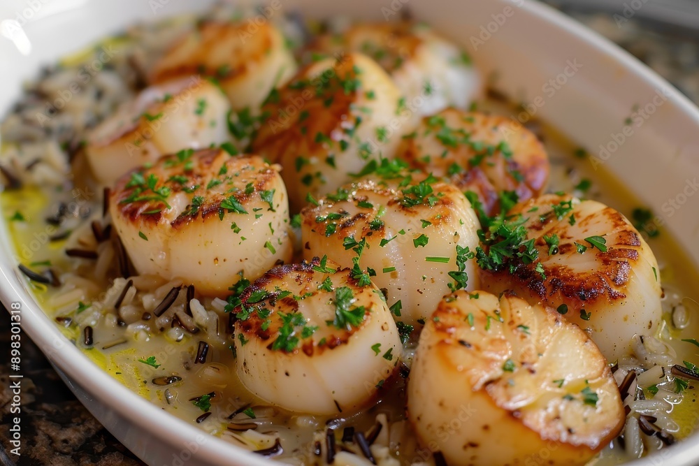 A dish of scallops in a lemon butter sauce, garnished with parsley and served with a side of wild rice. A dish of scallops in a lemon butter sauce, garnished with parsley and served with a side of wild rice.