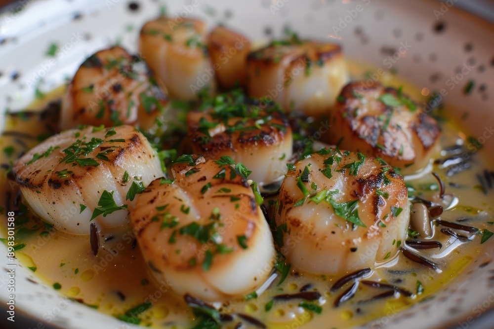 A dish of scallops in a lemon butter sauce, garnished with parsley and served with a side of wild rice. A dish of scallops in a lemon butter sauce, garnished with parsley and served with a side of wild rice.
