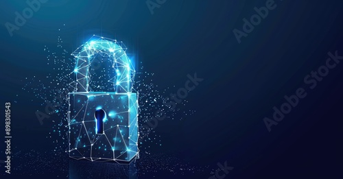 A glowing digital lock on a dynamic particlefilled blue background symbolizes cybersecurity photo