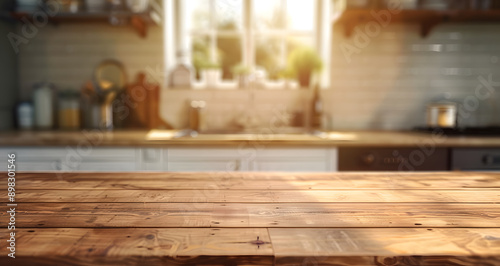 Empty old wooden table with kitchen in background