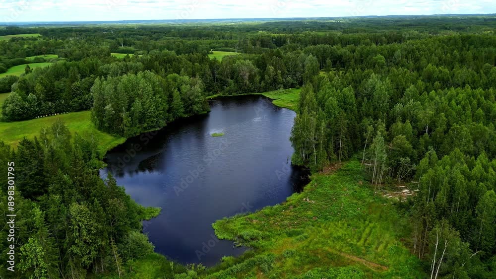 Deep blue lake surrounded with green forest and meadows, aerial view Deep blue lake surrounded with green forest and meadows, aerial view
