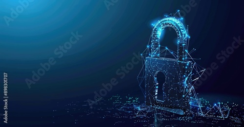 A glowing digital lock on a dynamic particlefilled blue background symbolizes cybersecurity