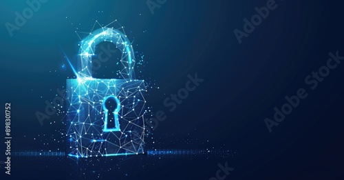 A glowing digital lock on a dynamic particlefilled blue background symbolizes cybersecurity