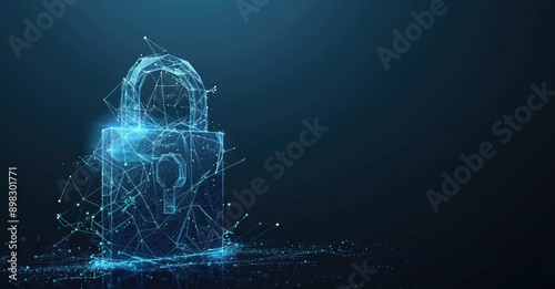 A glowing digital lock on a dynamic particlefilled blue background symbolizes cybersecurity