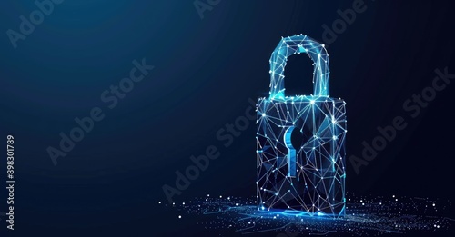 A glowing digital lock on a dynamic particlefilled blue background symbolizes cybersecurity