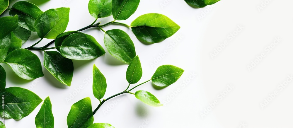 Close up of a set of green leaves on a white background with copy space image Close up of a set of green leaves on a white background with copy space image