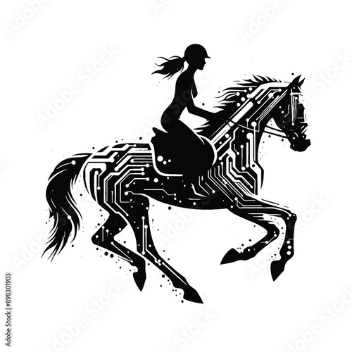 Equestrian, horse riding  female player in cyberpunk pattern illustration, emblem shield badge