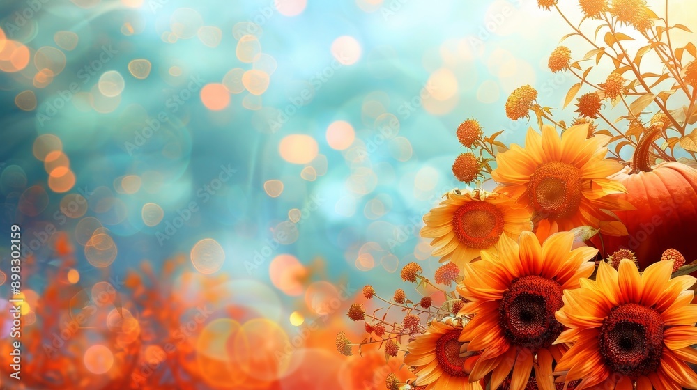 A field of orange flowers and pumpkins with a sunflower in the foreground A field of orange flowers and pumpkins with a sunflower in the foreground